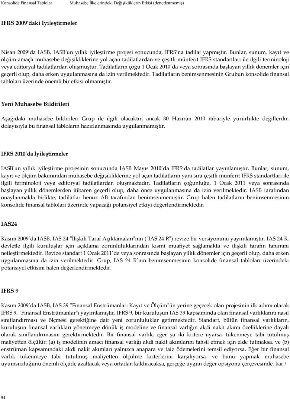 Tadilatların çoğu 1 Ocak 2010 da veya sonrasında başlayan yıllık dönemler için geçerli olup, daha erken uygulanmasına da izin verilmektedir.