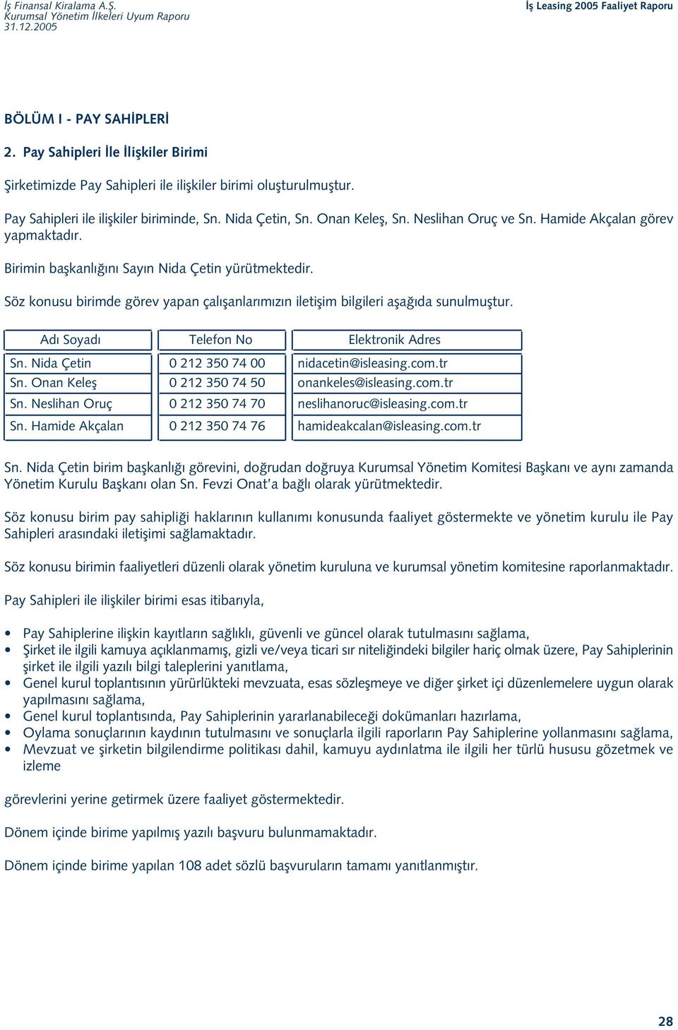 Söz konusu birimde görev yapan çal flanlar m z n iletiflim bilgileri afla da sunulmufltur. Ad Soyad Telefon No Elektronik Adres Sn. Nida Çetin 0 212 350 74 00 nidacetin@isleasing.com.tr Sn.