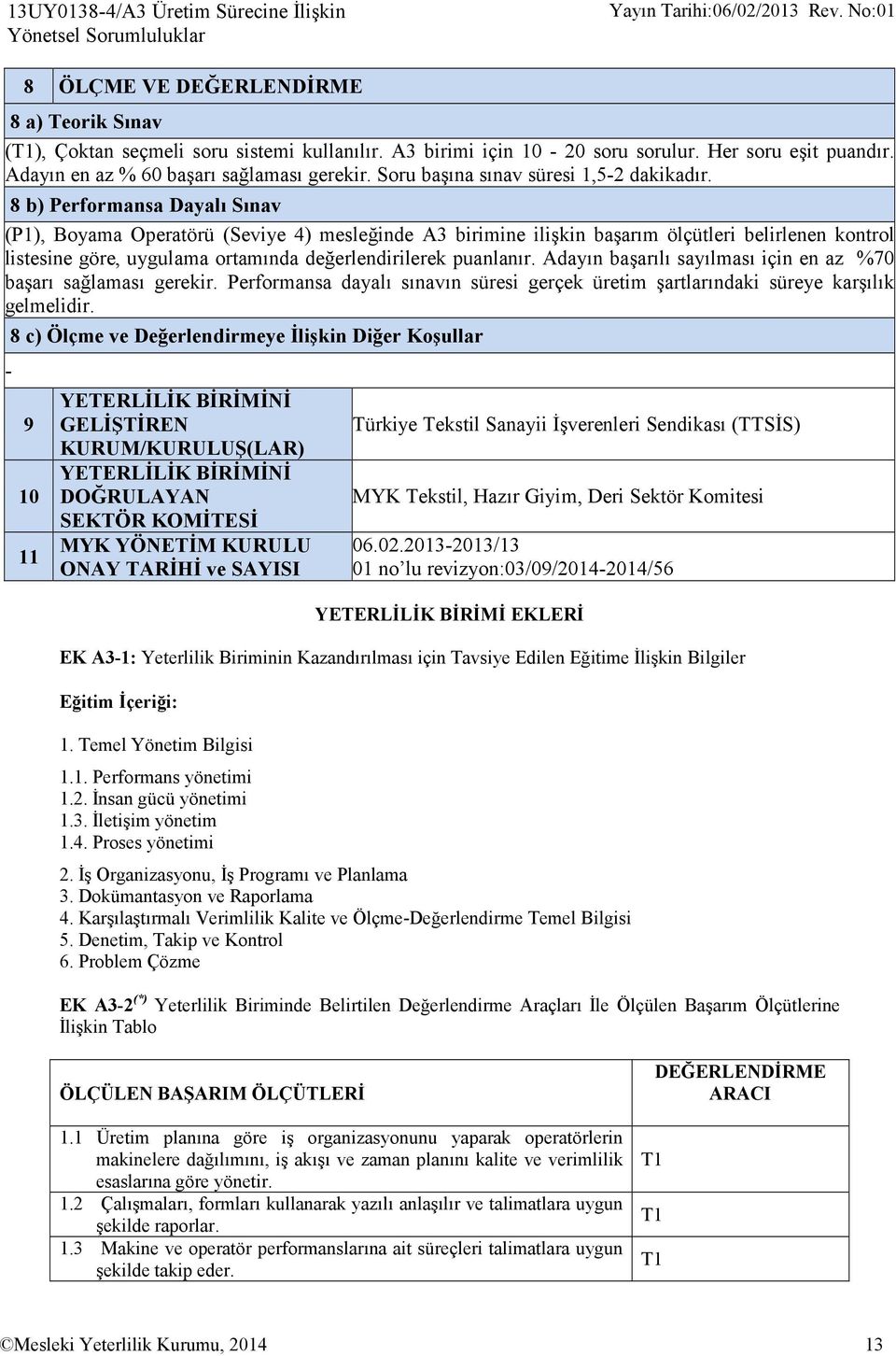 8 b) Performansa Dayalı Sınav (P1), Boyama Operatörü (Seviye 4) mesleğinde A3 birimine ilişkin başarım ölçütleri belirlenen kontrol listesine göre, uygulama ortamında değerlendirilerek puanlanır.