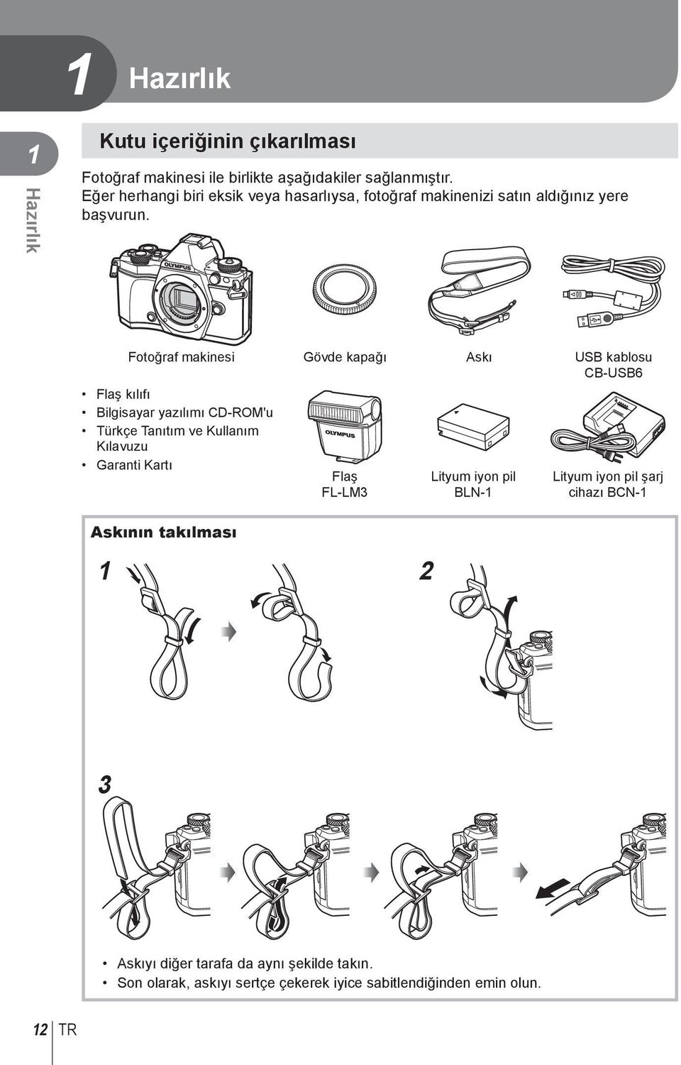 Fotoğraf makinesi Gövde kapağı Askı USB kablosu CB-USB6 Flaş kılıfı Bilgisayar yazılımı CD-ROM'u Türkçe Tanıtım ve Kullanım Kılavuzu