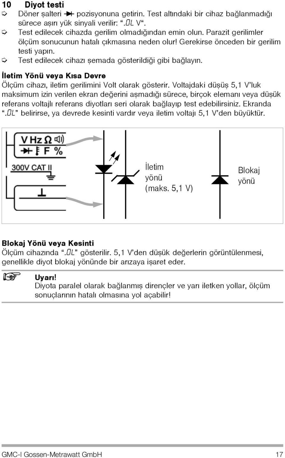 Ýletim Yönü veya Kýsa Devre Ölçüm cihazý, iletim gerilimini Volt olarak gösterir.