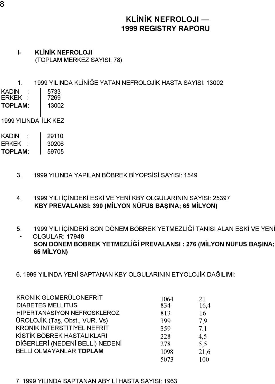 1999 YILINDA YAPILAN BÖBREK BİYOPSİSİ SAYISI: 1549 4. 1999 YILI İÇİNDEKİ ESKİ VE YENİ KBY OLGULARININ SAYISI: 25397 KBY PREVALANSI: 390 (MİLYON NÜFUS BAŞINA; 65 MİLYON) 5.