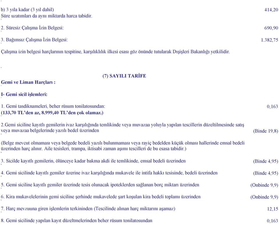 Gemi ve Liman Harçları : (7) SAYILI TARİFE I- Gemi sicil işlemleri: 1. Gemi tasdiknameleri, beher rüsum tonilatosundan: 0,163 (133,70 TL den az, 8.999,40 TL den çok olamaz.) 2.