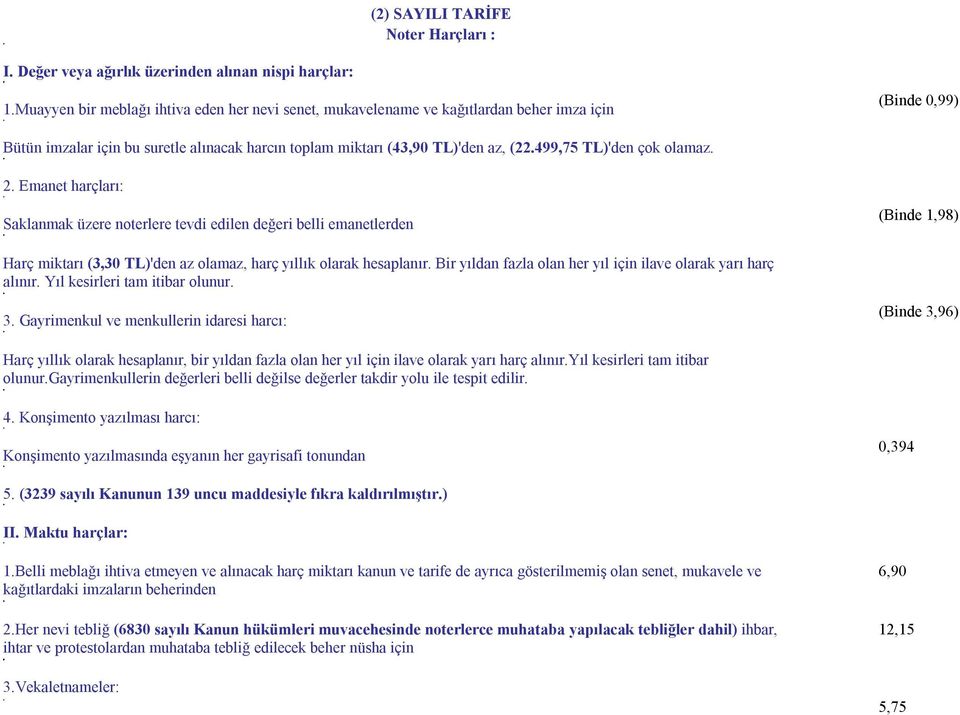 499,75 TL)'den çok olamaz. 2. Emanet harçları: Saklanmak üzere noterlere tevdi edilen değeri belli emanetlerden (Binde 1,98) Harç miktarı (3,30 TL)'den az olamaz, harç yıllık olarak hesaplanır.