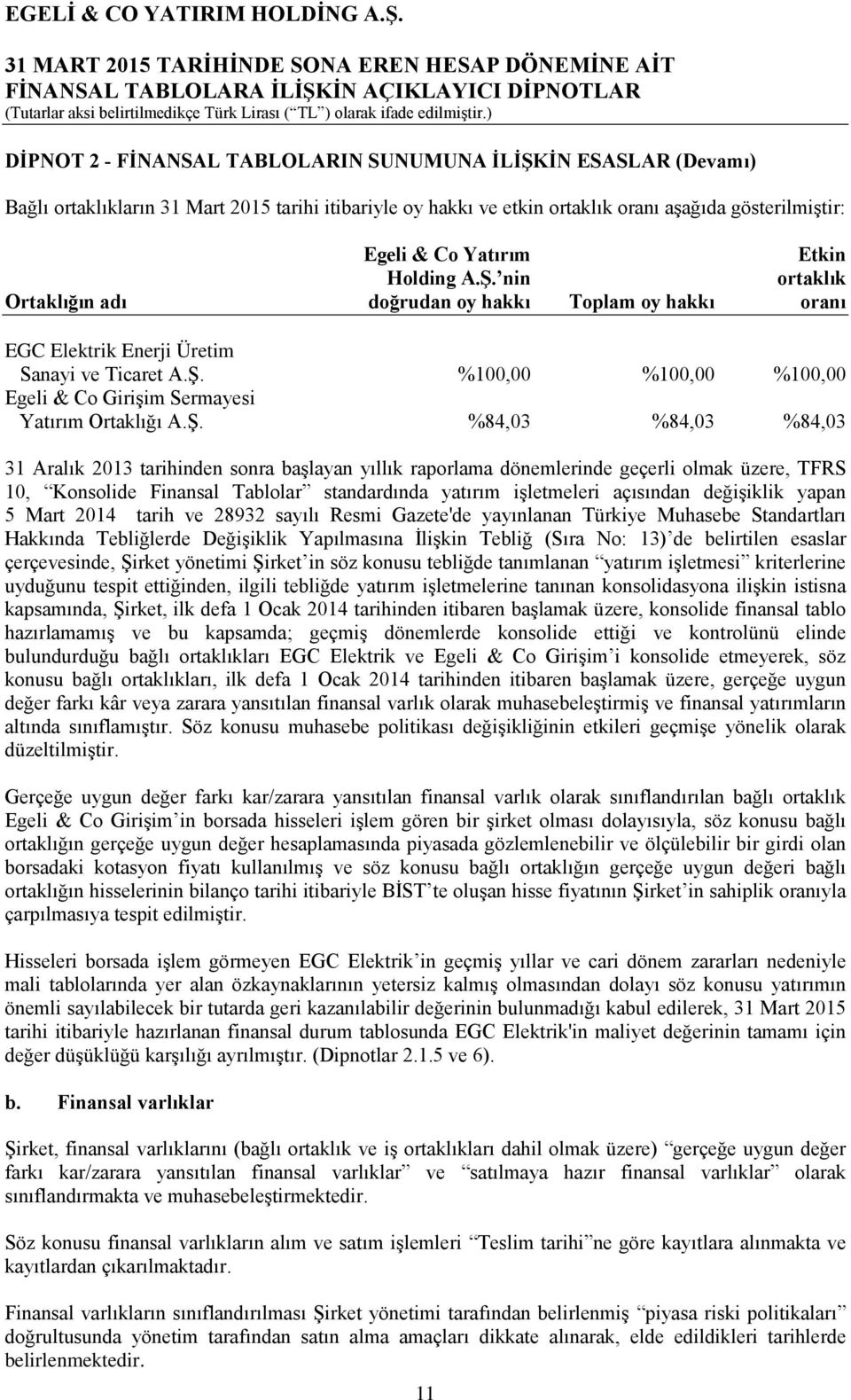 Ş. %84,03 %84,03 %84,03 31 Aralık 2013 tarihinden sonra başlayan yıllık raporlama dönemlerinde geçerli olmak üzere, TFRS 10, Konsolide Finansal Tablolar standardında yatırım işletmeleri açısından