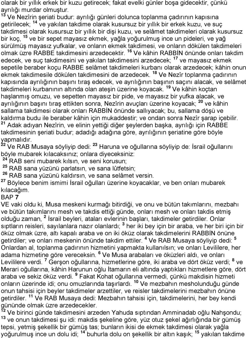 yıllık bir dişi kuzu, ve selâmet takdimeleri olarak kusursuz bir koç, 15 ve bir sepet mayasız ekmek, yağla yoğurulmuş ince un pideleri, ve yağ sürülmüş mayasız yufkalar, ve onların ekmek takdimesi,