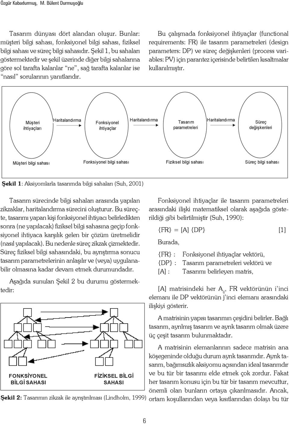 Bu çalışmada fonksiyonel ihtiyaçlar (functional requirements: FR) ile tasarım parametreleri (design parameters: DP) ve süreç değişkenleri (process variables: PV) için parantez içerisinde belirtilen