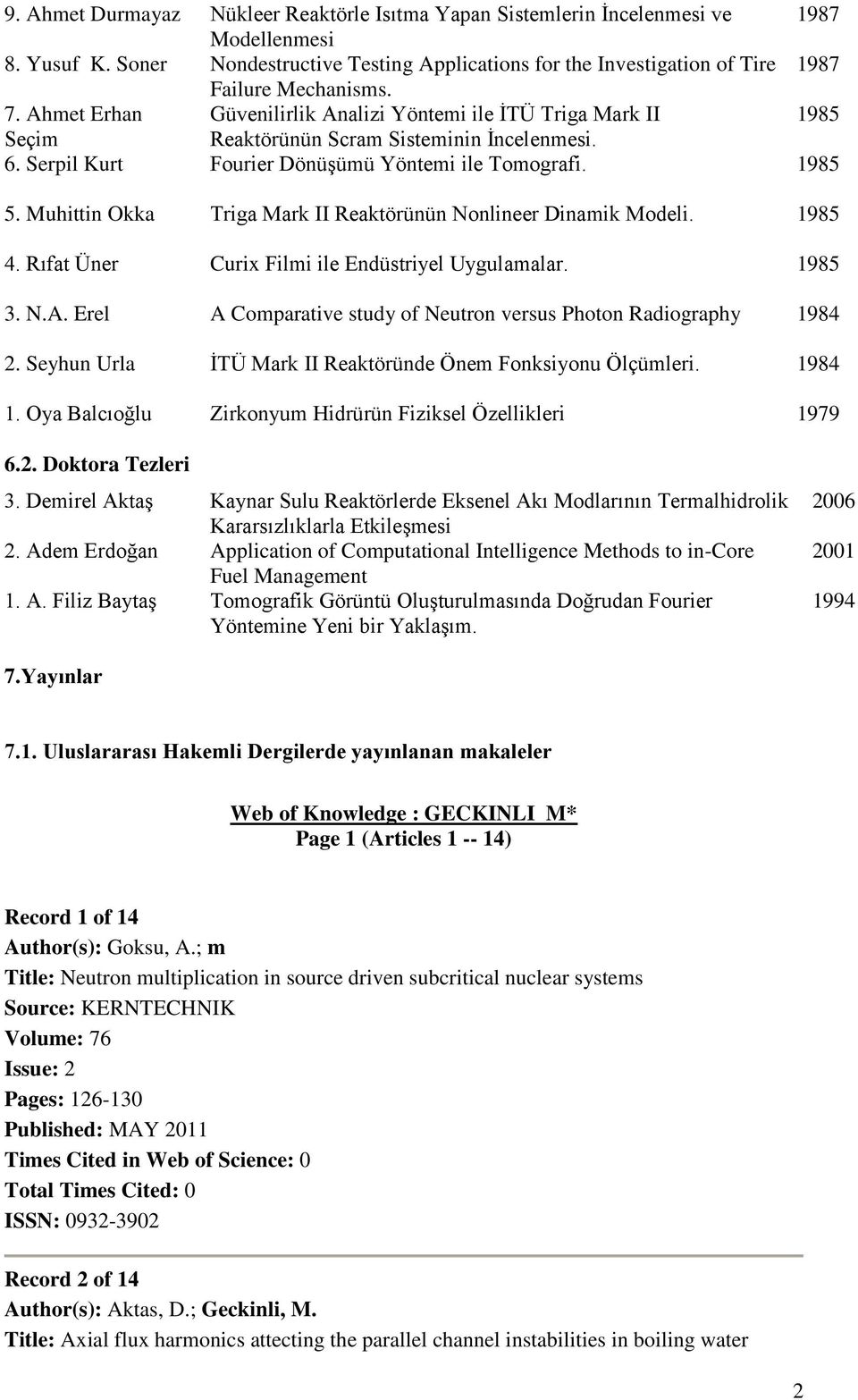 Ahmet Erhan Güvenilirlik Analizi Yöntemi ile İTÜ Triga Mark II 1985 Seçim Reaktörünün Scram Sisteminin İncelenmesi. 6. Serpil Kurt Fourier Dönüşümü Yöntemi ile Tomografi. 1985 5.