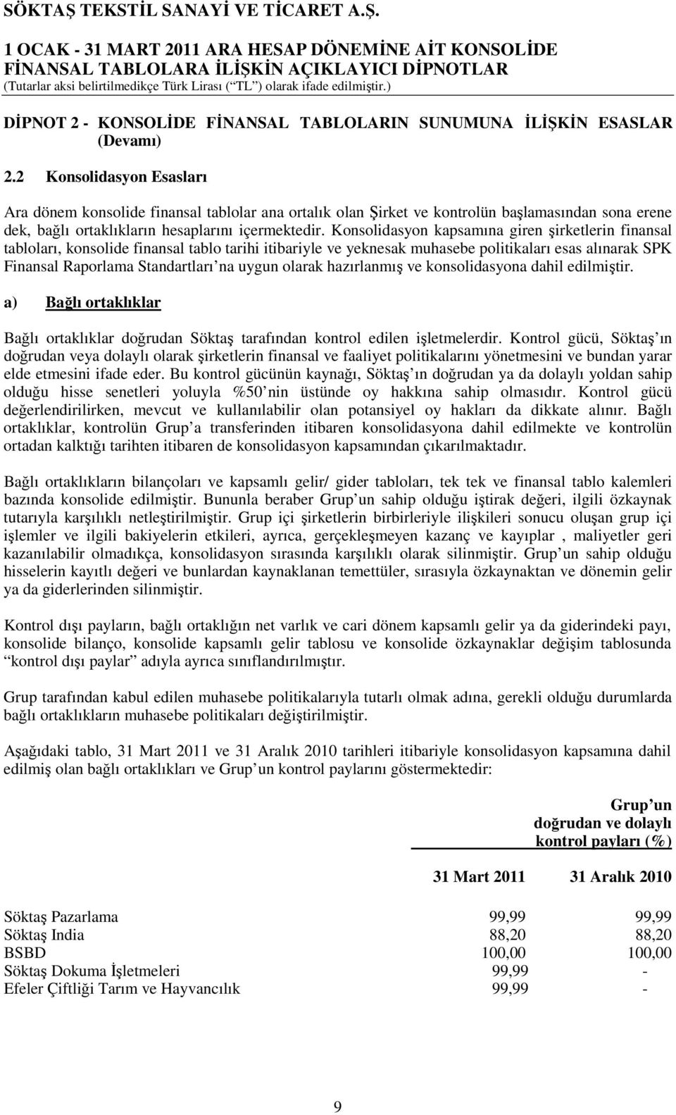 Konsolidasyon kapsamına giren şirketlerin finansal tabloları, konsolide finansal tablo tarihi itibariyle ve yeknesak muhasebe politikaları esas alınarak SPK Finansal Raporlama Standartları na uygun