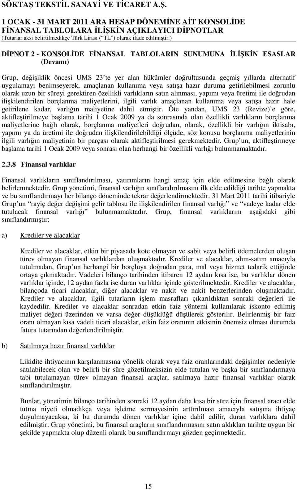 borçlanma maliyetlerini, ilgili varlık amaçlanan kullanıma veya satışa hazır hale getirilene kadar, varlığın maliyetine dahil etmiştir.