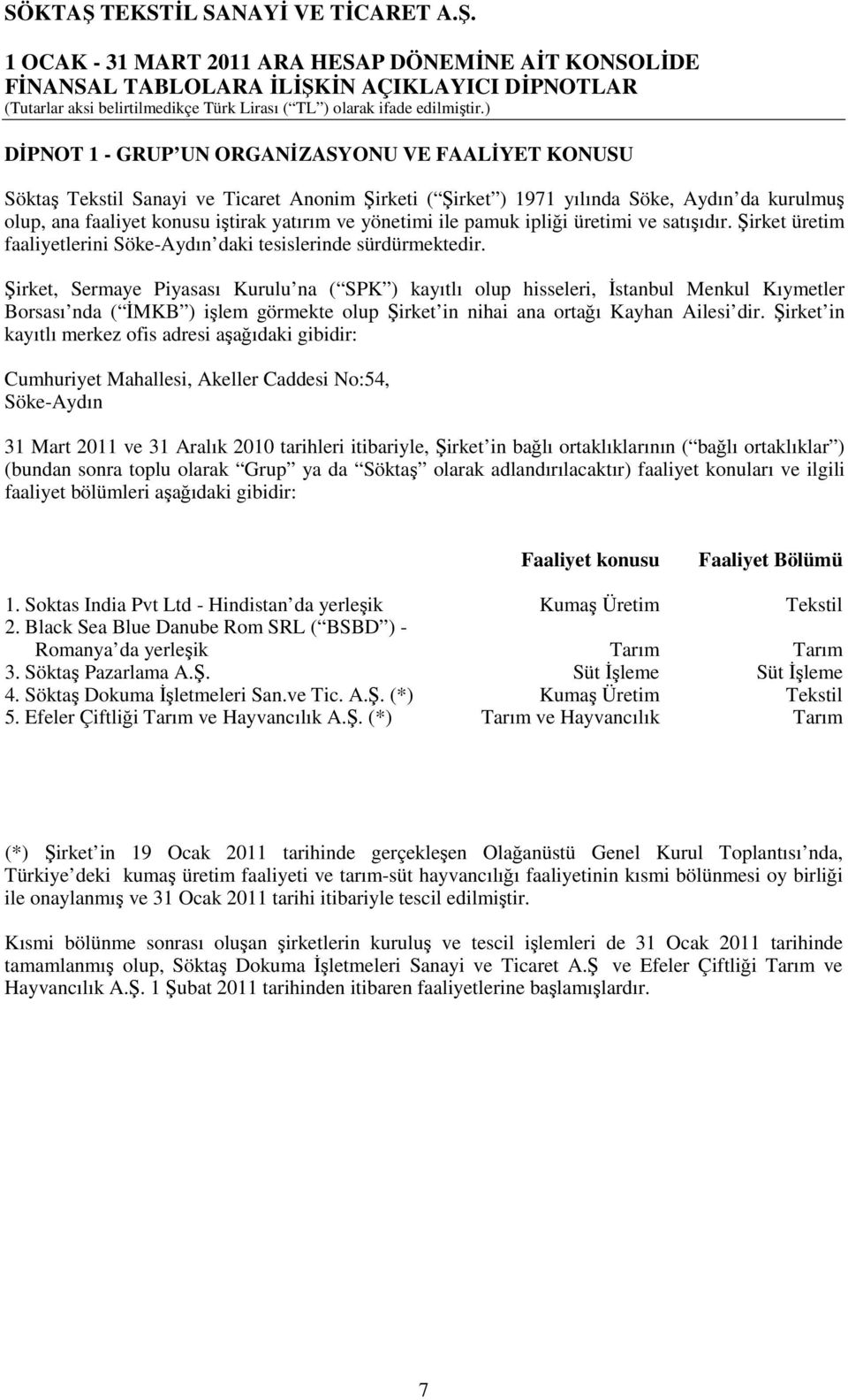 Şirket, Sermaye Piyasası Kurulu na ( SPK ) kayıtlı olup hisseleri, İstanbul Menkul Kıymetler Borsası nda ( İMKB ) işlem görmekte olup Şirket in nihai ana ortağı Kayhan Ailesi dir.