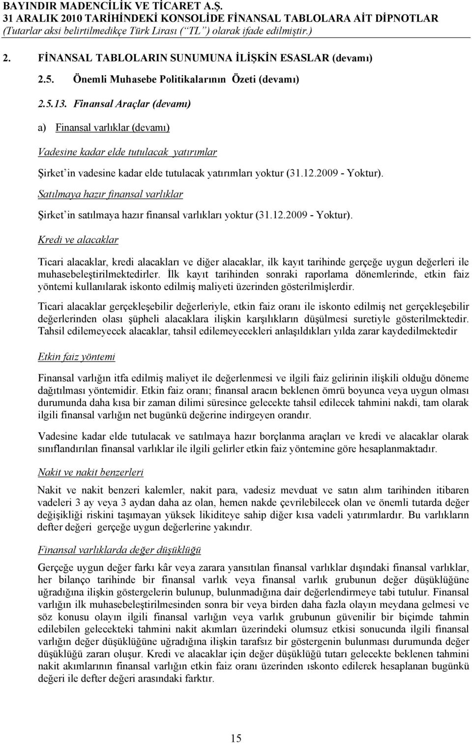 Satılmaya hazır finansal varlıklar Şirket in satılmaya hazır finansal varlıkları yoktur (31.12.2009 - Yoktur).