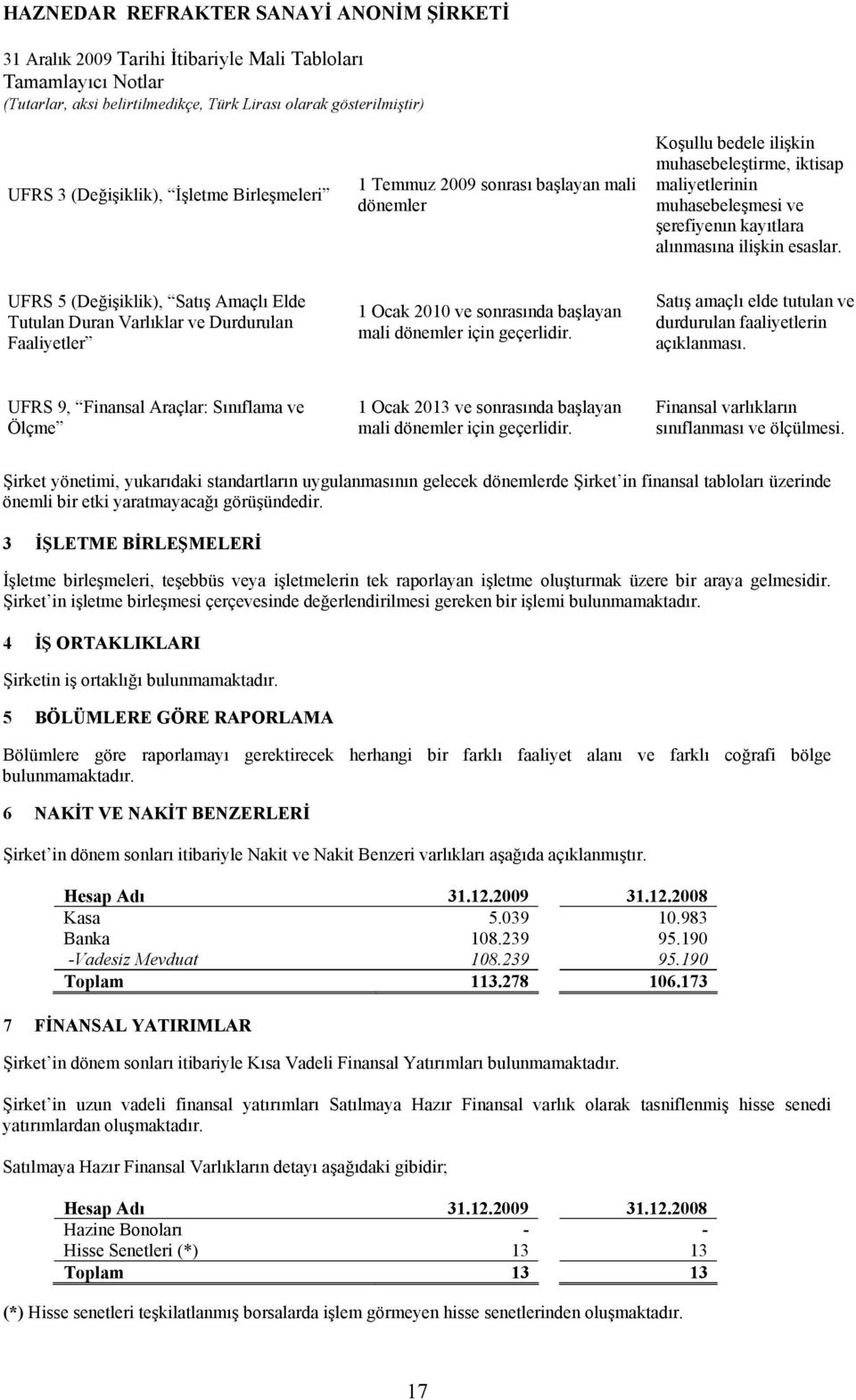 Satış amaçlı elde tutulan ve durdurulan faaliyetlerin açıklanması. UFRS 9, Finansal Araçlar: Sınıflama ve Ölçme 1 Ocak 2013 ve sonrasında başlayan mali dönemler için geçerlidir.