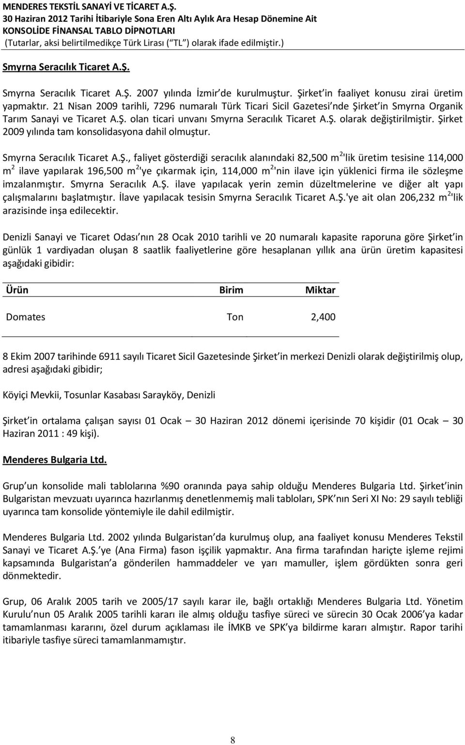 Şirket 2009 yılında tam konsolidasyona dahil olmuştur. Smyrna Seracılık Ticaret A.Ş., faliyet gösterdiği seracılık alanındaki 82,500 m 2 'lik üretim tesisine 114,000 m 2 ilave yapılarak 196,500 m 2