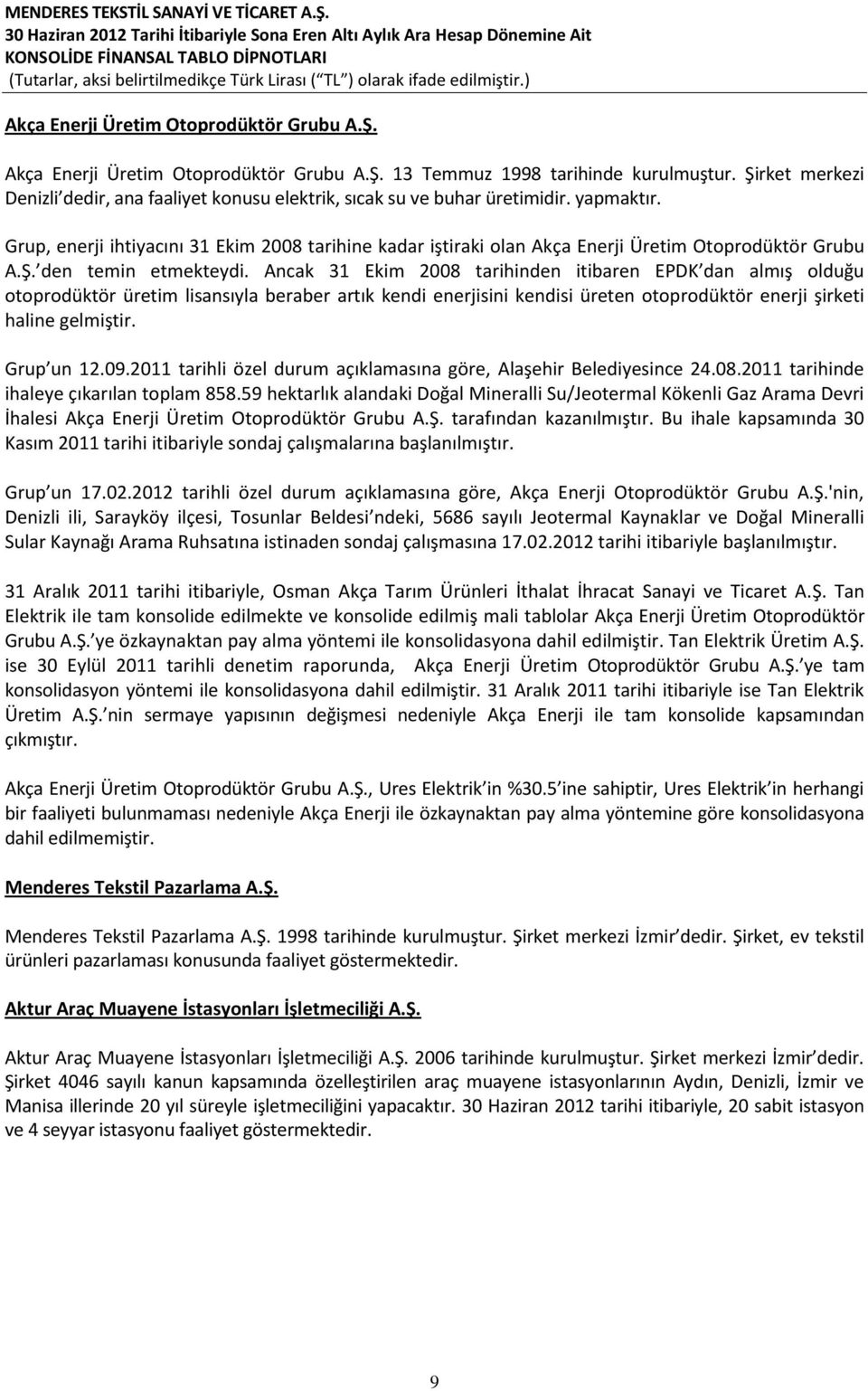 Grup, enerji ihtiyacını 31 Ekim 2008 tarihine kadar iştiraki olan Akça Enerji Üretim Otoprodüktör Grubu A.Ş. den temin etmekteydi.