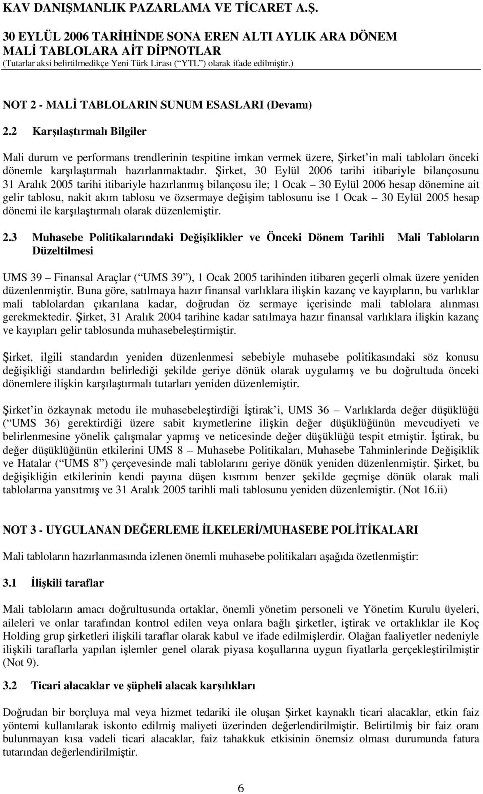 Şirket, 30 Eylül 2006 tarihi itibariyle bilançosunu 31 Aralık 2005 tarihi itibariyle hazırlanmış bilançosu ile; 1 Ocak 30 Eylül 2006 hesap dönemine ait gelir tablosu, nakit akım tablosu ve özsermaye