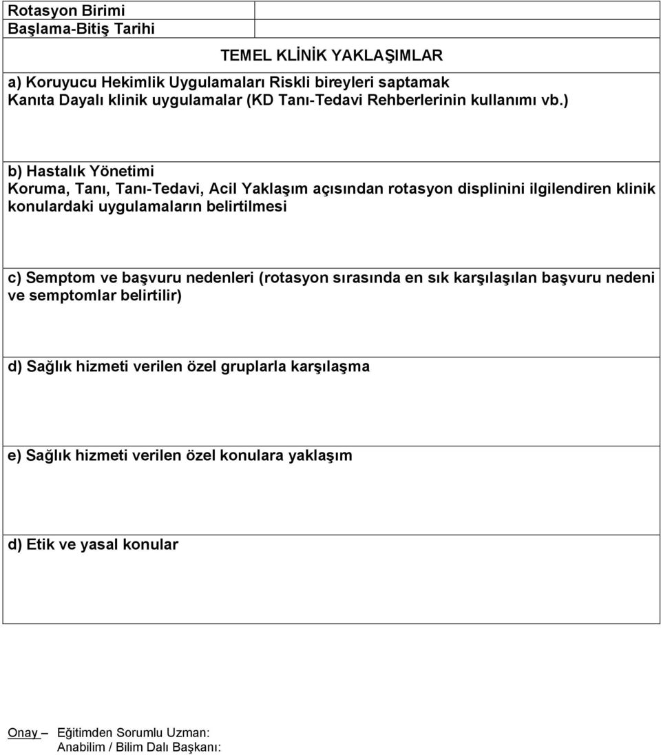 ) b) Hastalık Yönetimi Koruma, Tanı, Tanı-Tedavi, Acil Yaklaşım açısından rotasyon displinini ilgilendiren klinik konulardaki uygulamaların belirtilmesi c)