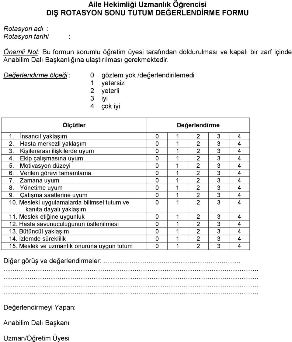 İnsancıl yaklaşım 2. Hasta merkezli yaklaşım 3. Kişilerarası ilişkilerde uyum 4. Ekip çalışmasına uyum 5. Motivasyon düzeyi 6. Verilen görevi tamamlama 7. Zamana uyum 8. Yönetime uyum 9.