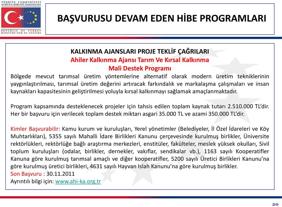 Program kapsamında desteklenecek projeler için tahsis edilen toplam kaynak tutarı 2.510.000 TL dir.