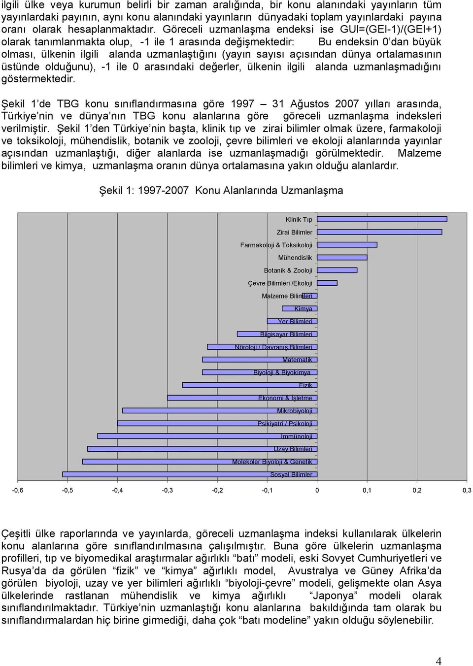 Göreceli uzmanlaşma endeksi ise GUI=(GEI-1)/(GEI+1) olarak tanımlanmakta olup, -1 ile 1 arasında değişmektedir: Bu endeksin 0 dan büyük olması, ülkenin ilgili alanda uzmanlaştığını (yayın sayısı