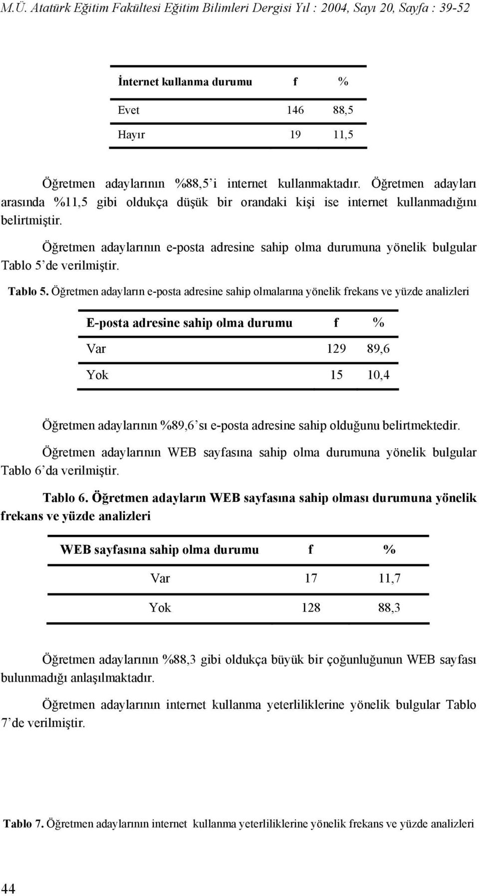 Öğretmen adaylarının e-posta adresine sahip olma durumuna yönelik bulgular Tablo 5 