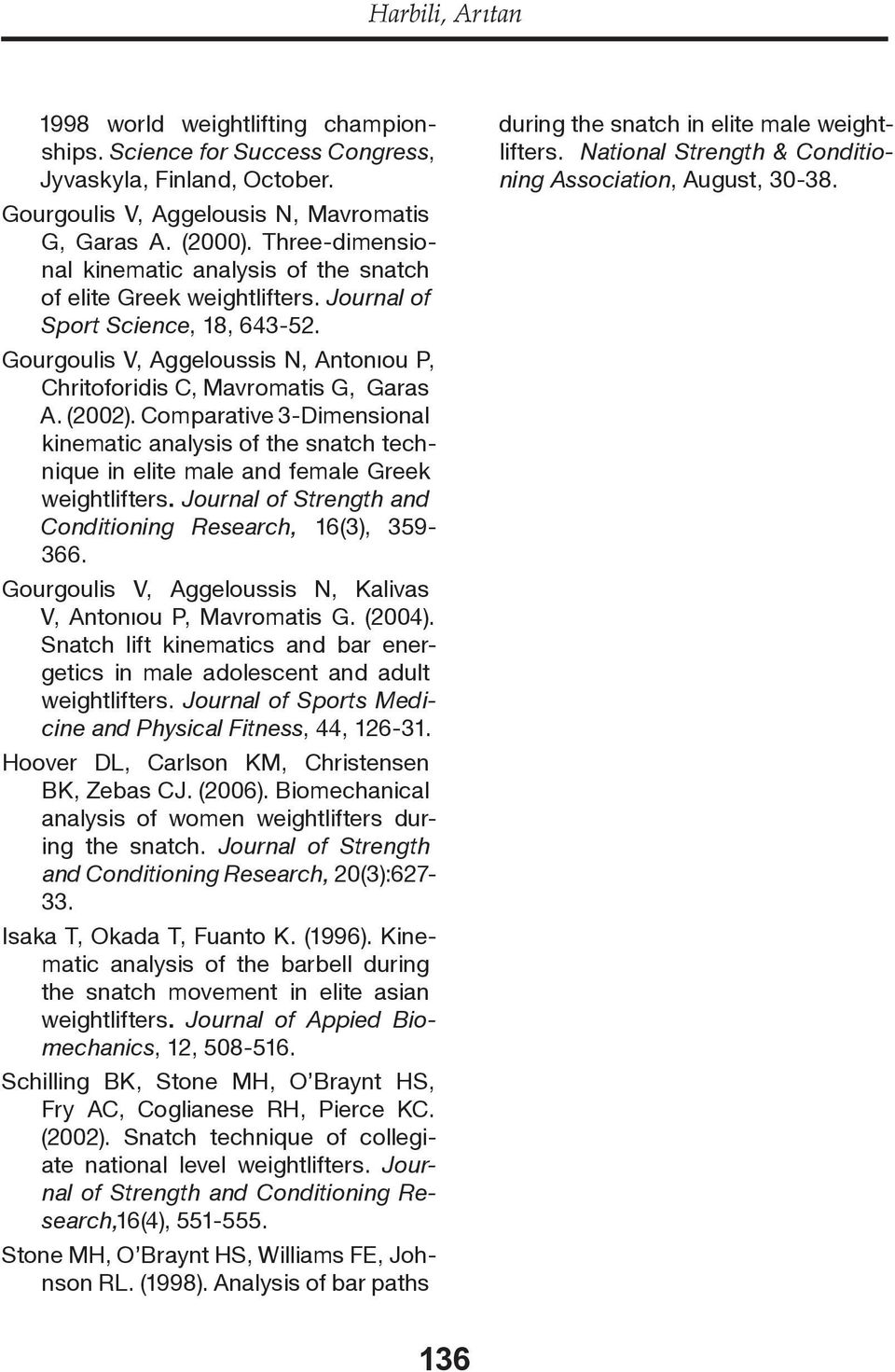 (2002). Comparative 3-Dimensional kinematic analysis of the snatch technique in elite male and female Greek weightlifters. Journal of Strength and Conditioning Research, 16(3), 359-366.