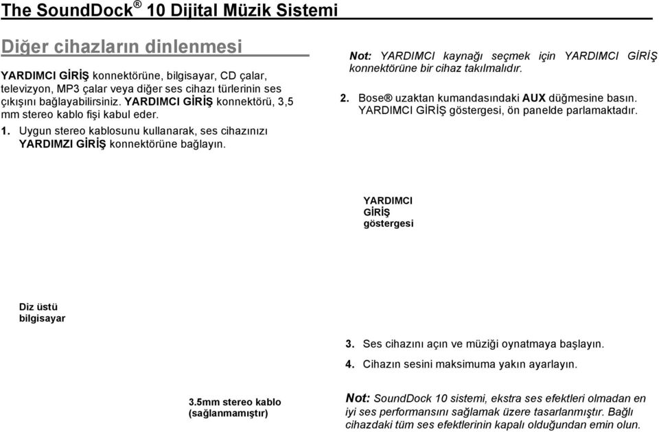 Not: YARDIMCI kaynağı seçmek için YARDIMCI GİRİŞ konnektörüne bir cihaz takılmalıdır. 2. Bose uzaktan kumandasındaki AUX düğmesine basın. YARDIMCI GİRİŞ göstergesi, ön panelde parlamaktadır.