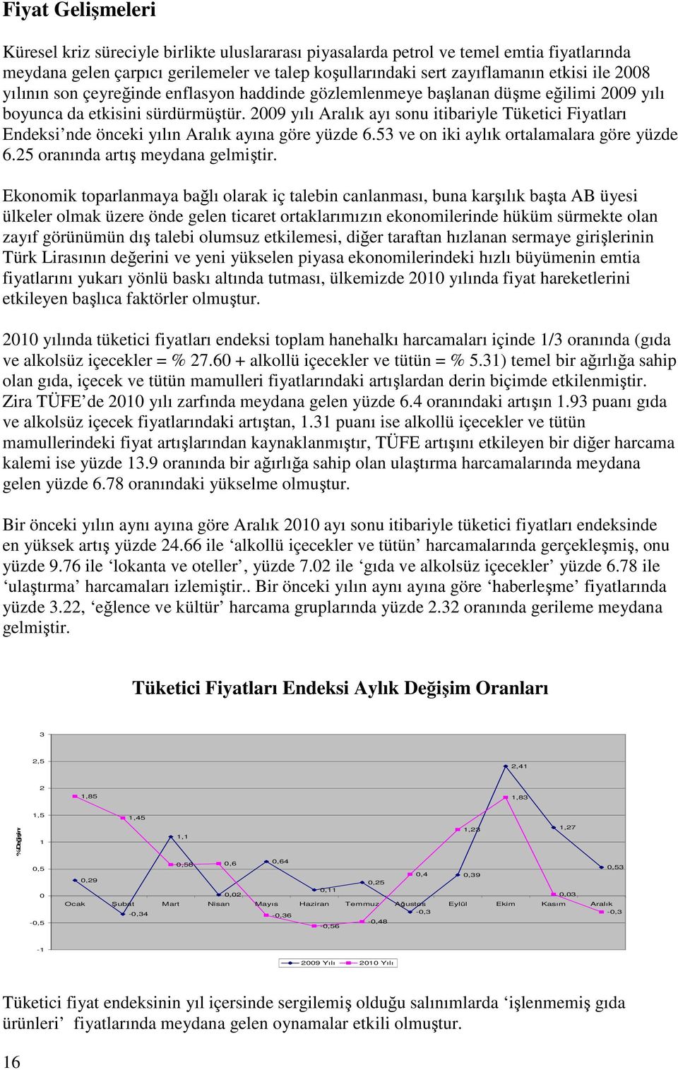 2009 yılı Aralık ayı sonu itibariyle Tüketici Fiyatları Endeksi nde önceki yılın Aralık ayına göre yüzde 6.53 ve on iki aylık ortalamalara göre yüzde 6.25 oranında artış meydana gelmiştir.