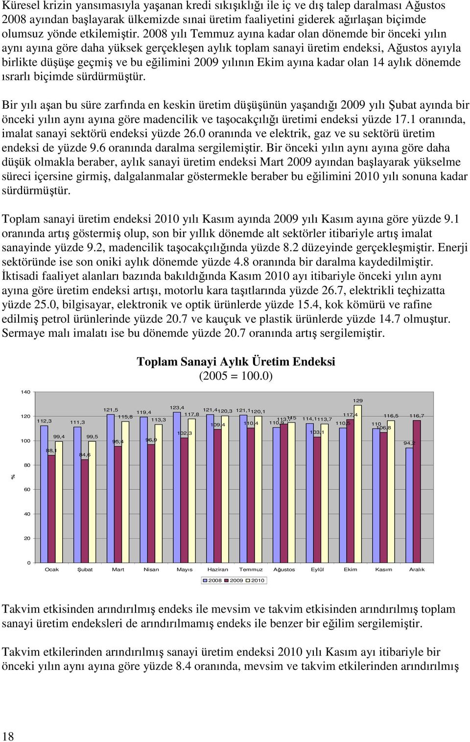 2008 yılı Temmuz ayına kadar olan dönemde bir önceki yılın aynı ayına göre daha yüksek gerçekleşen aylık toplam sanayi üretim endeksi, Ağustos ayıyla birlikte düşüşe geçmiş ve bu eğilimini 2009