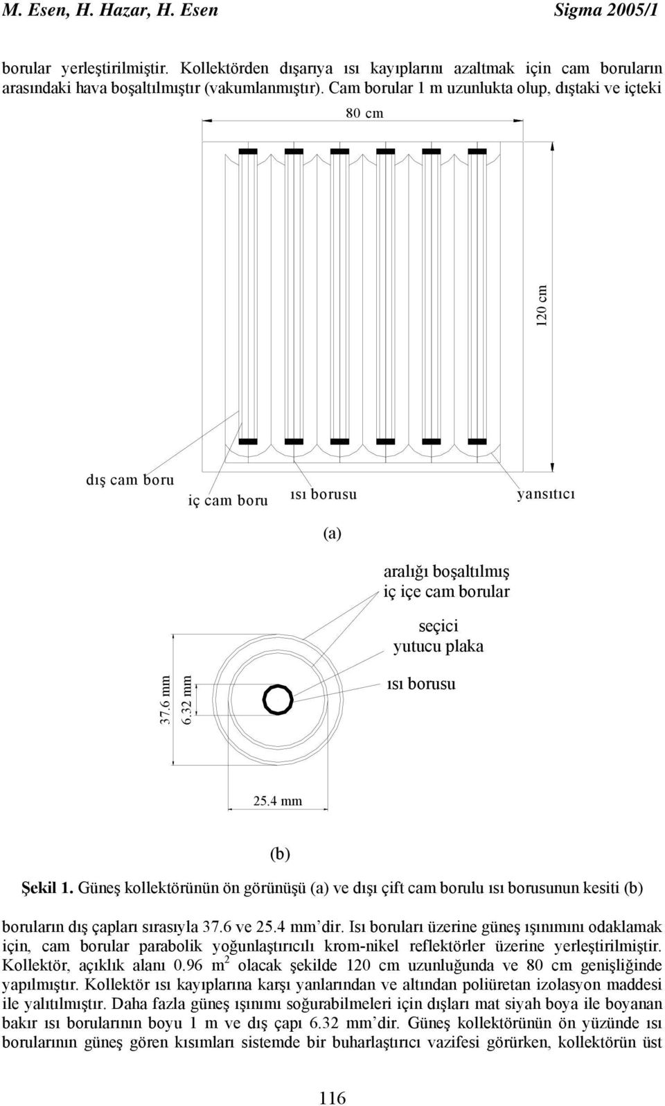 4 mm (b) Şekil 1. Güneş kollektörünün ön görünüşü (a) ve dışı çift cam borulu ısı borusunun kesiti (b) boruların dış çapları sırasıyla 37.6 ve 25.4 mm dir.