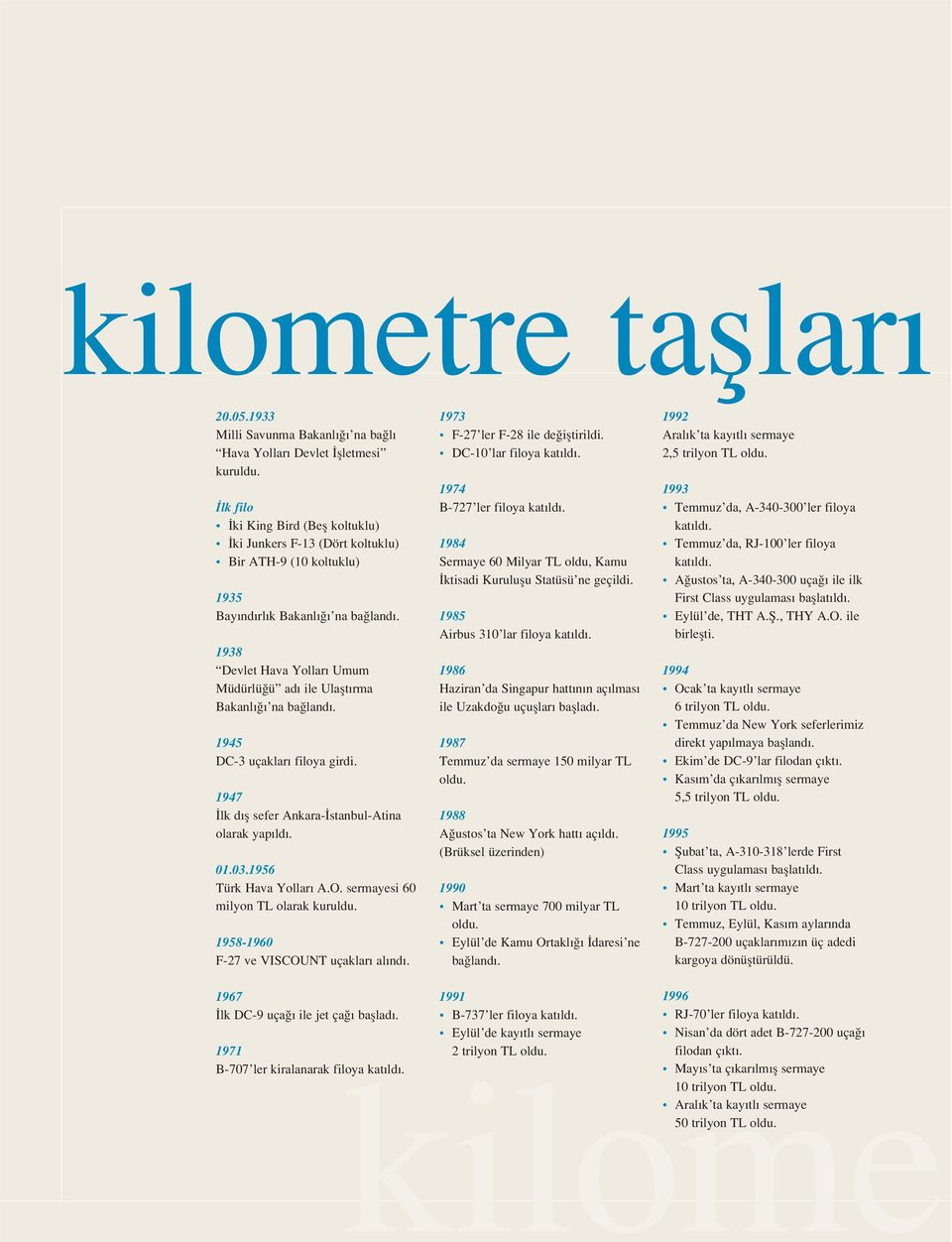 1938 Devlet Hava Yollar Umum Müdürlü ü ad ile Ulaflt rma Bakanl na ba land. 1945 DC-3 uçaklar filoya girdi. 1947 lk d fl sefer Ankara- stanbul-atina olarak yap ld. 01.03.1956 Türk Hava Yollar A.O.