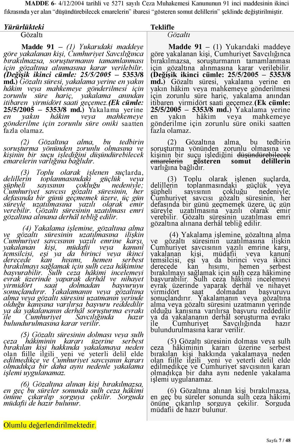 Yürürlükteki Gözaltı Madde 91 (1) Yukarıdaki maddeye göre yakalanan kişi, Cumhuriyet Savcılığınca bırakılmazsa, soruşturmanın tamamlanması için gözaltına alınmasına karar verilebilir.