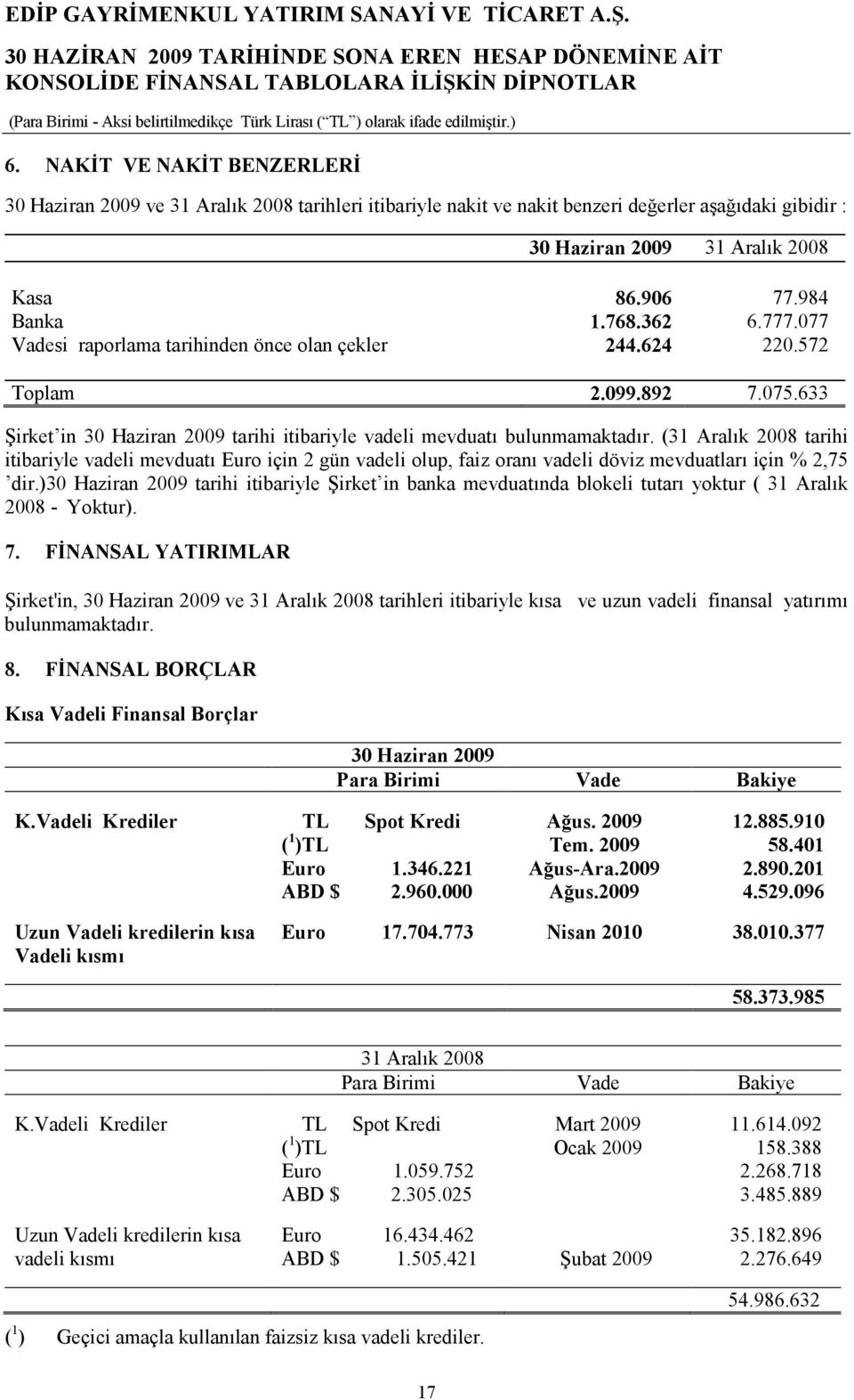 (31 Aralık 2008 tarihi itibariyle vadeli mevduatı Euro için 2 gün vadeli olup, faiz oranı vadeli döviz mevduatları için % 2,75 dir.