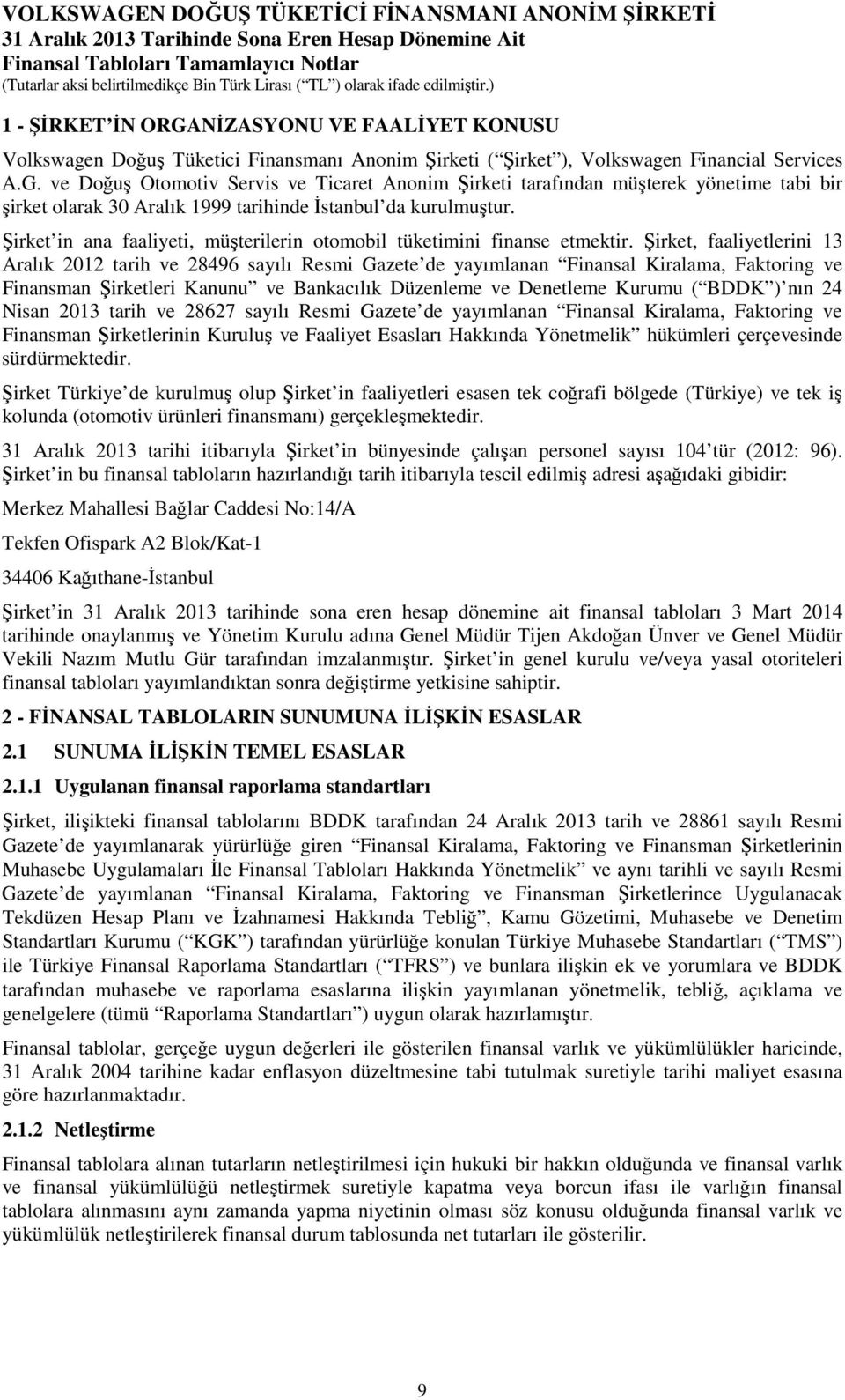 Şirket, faaliyetlerini 13 Aralık 2012 tarih ve 28496 sayılı Resmi Gazete de yayımlanan Finansal Kiralama, Faktoring ve Finansman Şirketleri Kanunu ve Bankacılık Düzenleme ve Denetleme Kurumu ( BDDK )