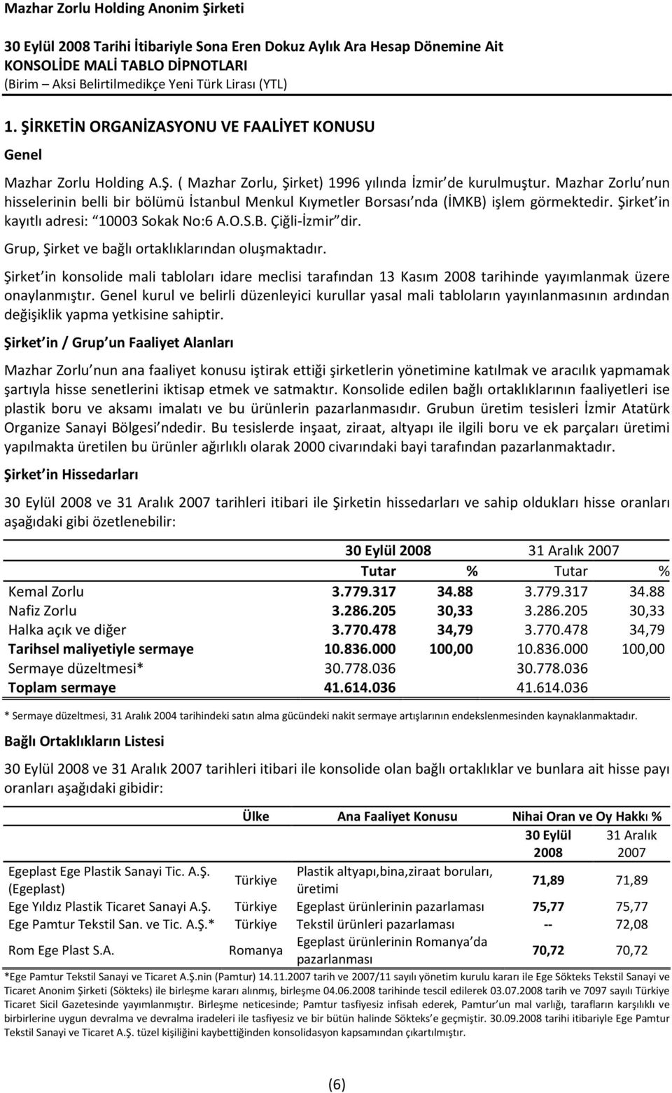 Grup, Şirket ve bağlı ortaklıklarından oluşmaktadır. Şirket in konsolide mali tabloları idare meclisi tarafından 13 Kasım 2008 tarihinde yayımlanmak üzere onaylanmıştır.