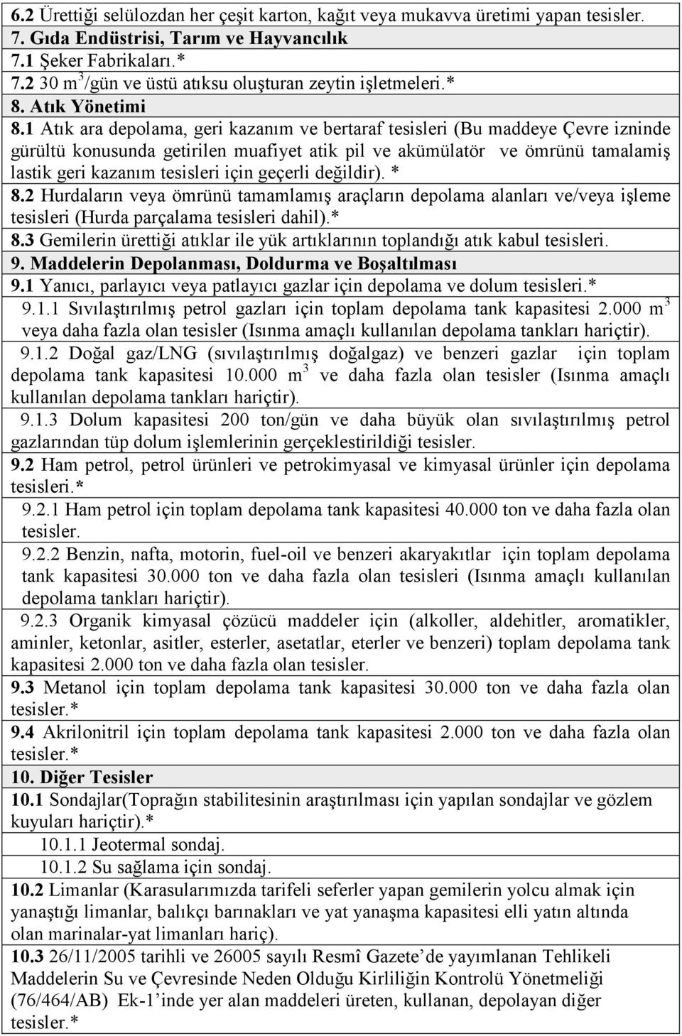 1 Atık ara depolama, geri kazanım ve bertaraf tesisleri (Bu maddeye Çevre izninde gürültü konusunda getirilen muafiyet atik pil ve akümülatör ve ömrünü tamalamiş lastik geri kazanım tesisleri için