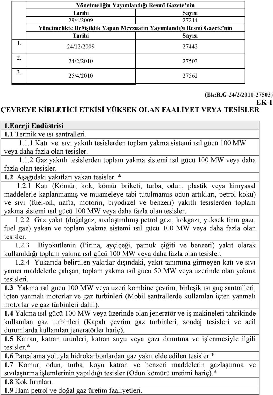 27562 (Ek:R.G-24/2/2010-27503) EK-1 ÇEVREYE KİRLETİCİ ETKİSİ YÜKSEK OLAN FAALİYET VEYA TESİSLER 1.Enerji Endüstrisi 1.1 Termik ve ısı santralleri. 1.1.1 Katı ve sıvı yakıtlı tesislerden toplam yakma sistemi ısıl gücü 100 MW veya daha fazla olan tesisler.