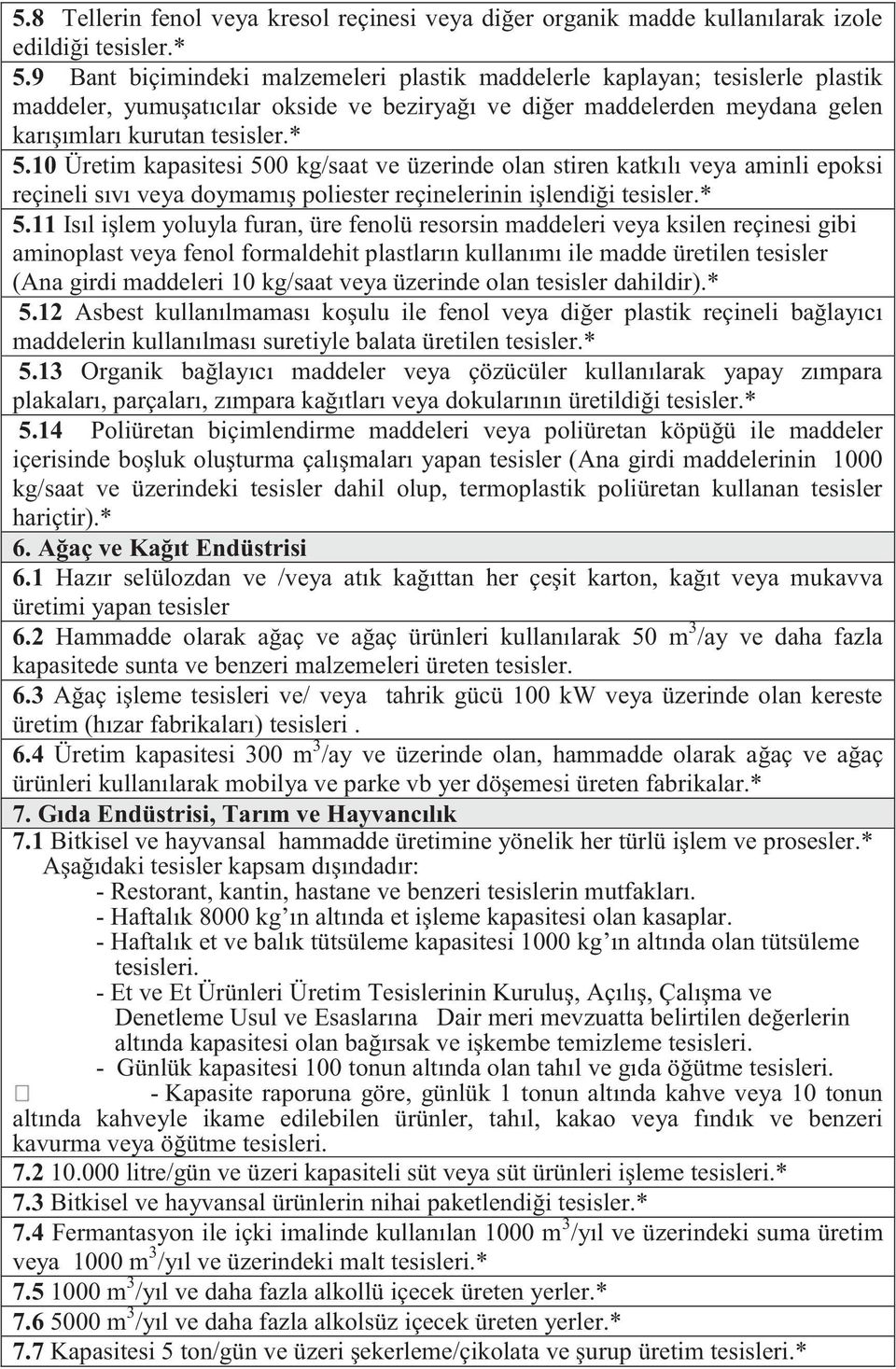 10 Üretim kapasitesi 500 kg/saat ve üzerinde olan stiren katkılı veya aminli epoksi reçineli sıvı veya doymamış poliester reçinelerinin işlendiği tesisler.* 5.