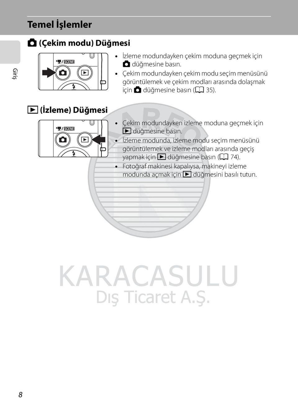 c (İzleme) Düğmesi Çekim modundayken izleme moduna geçmek için c düğmesine basın.