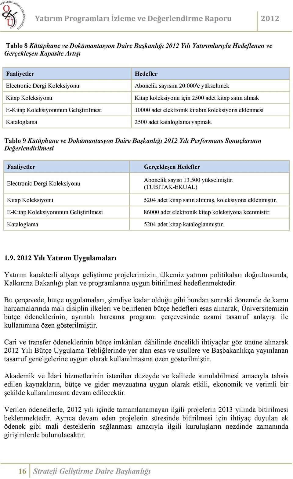 000'e yükseltmek Kitap koleksiyonu için 2500 adet kitap satın almak 10000 adet elektronik kitabın koleksiyona eklenmesi 2500 adet kataloglama yapmak.