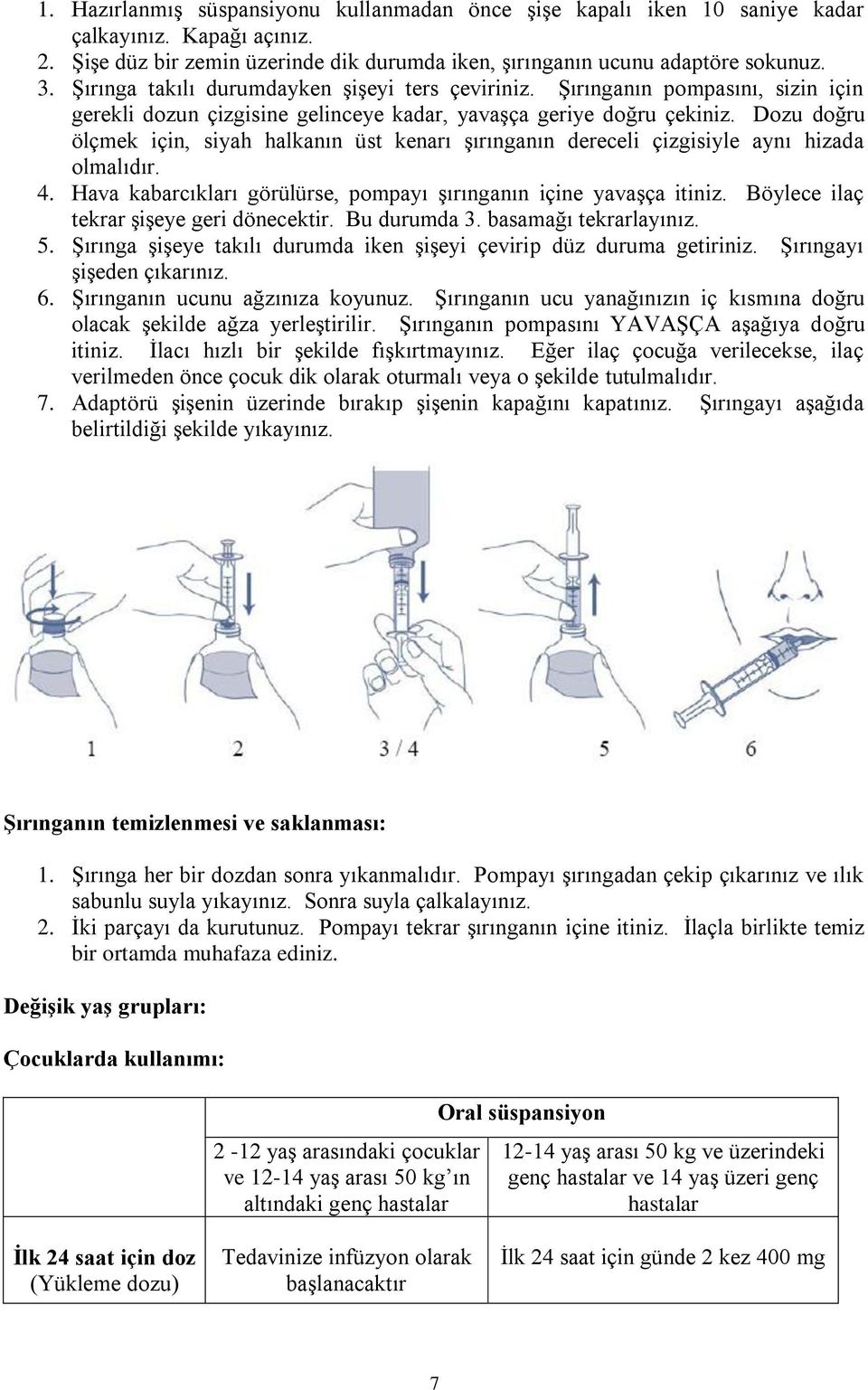 Dozu doğru ölçmek için, siyah halkanın üst kenarı şırınganın dereceli çizgisiyle aynı hizada olmalıdır. 4. Hava kabarcıkları görülürse, pompayı şırınganın içine yavaşça itiniz.