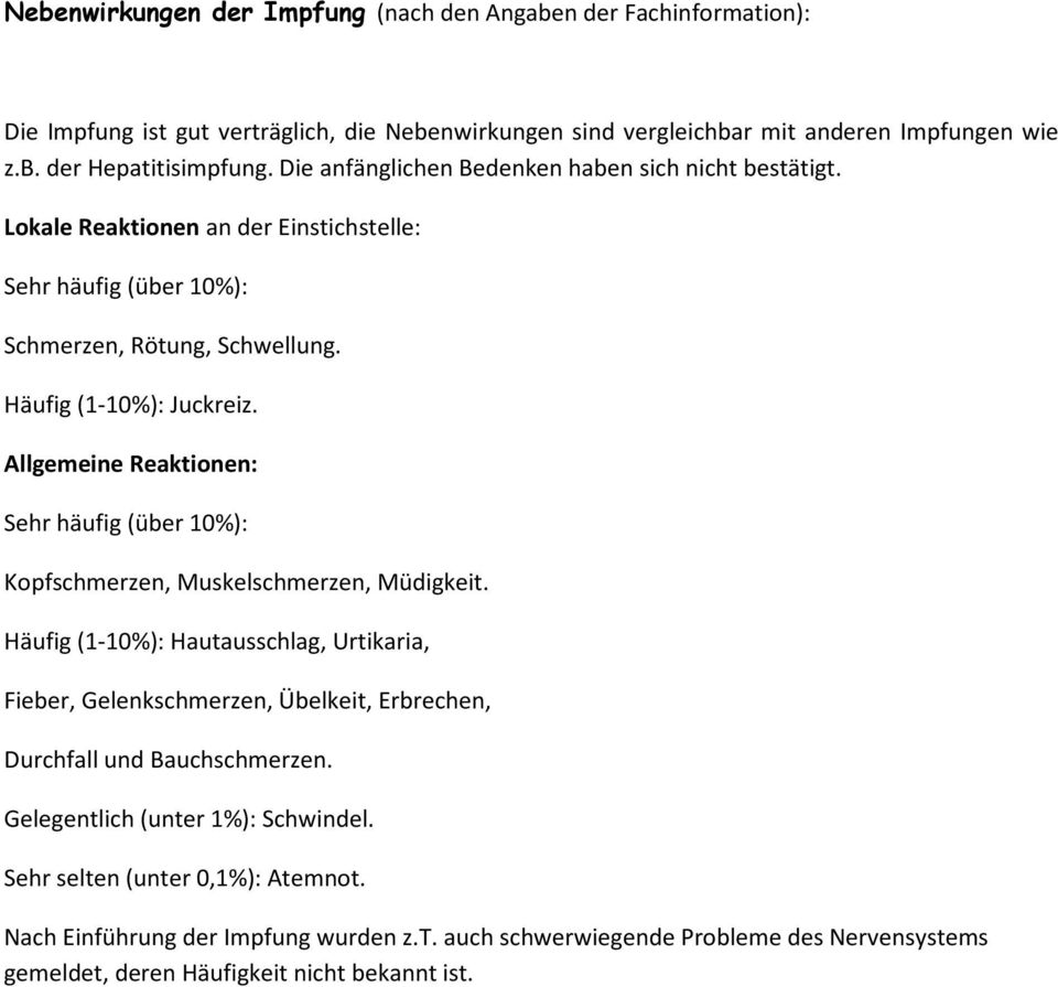 Allgemeine Reaktionen: Sehr häufig (über 10%): Kopfschmerzen, Muskelschmerzen, Müdigkeit.