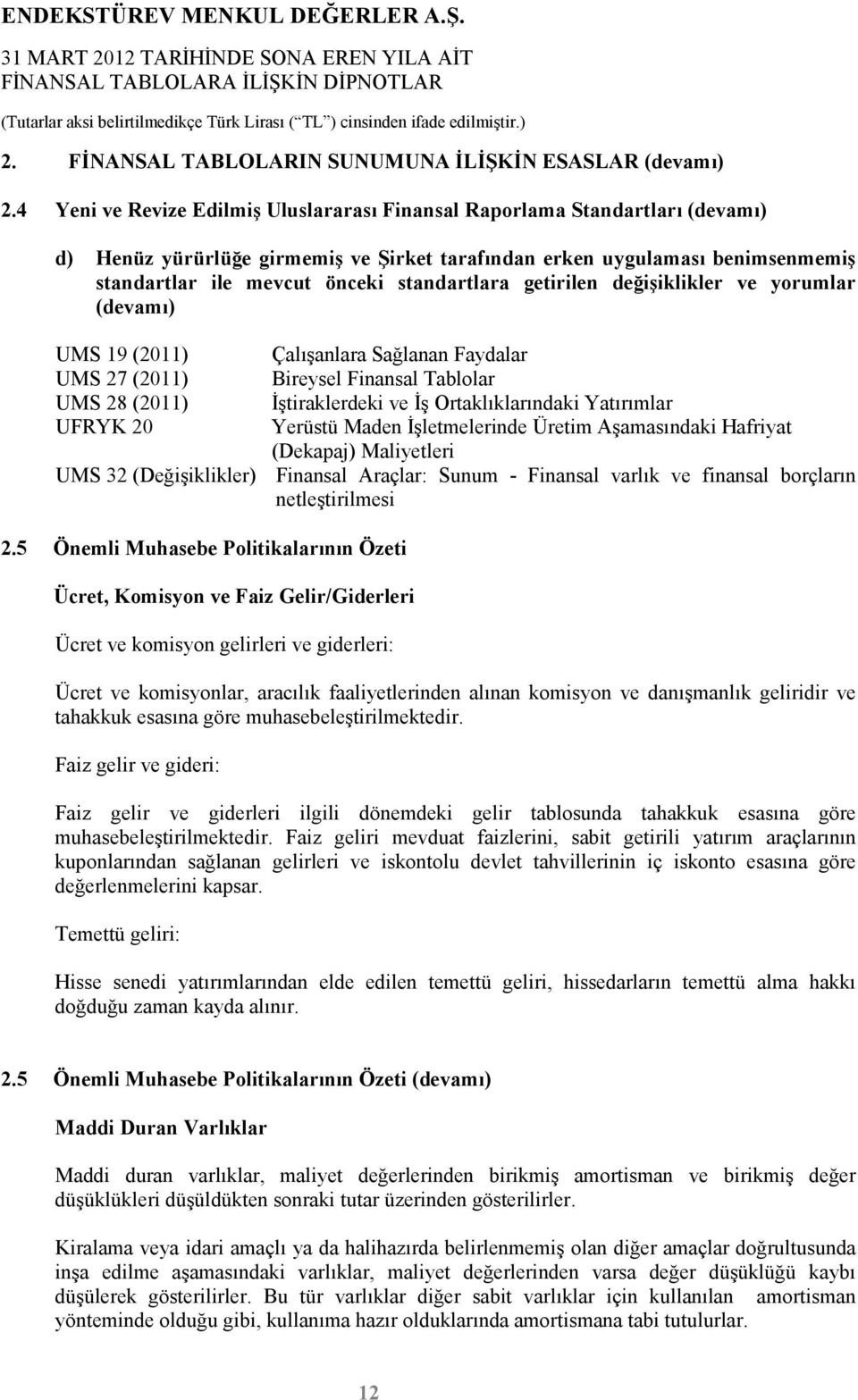 standartlara getirilen değişiklikler ve yorumlar (devamı) UMS 19 (2011) UMS 27 (2011) UMS 28 (2011) UFRYK 20 Çalışanlara Sağlanan Faydalar Bireysel Finansal Tablolar Đştiraklerdeki ve Đş