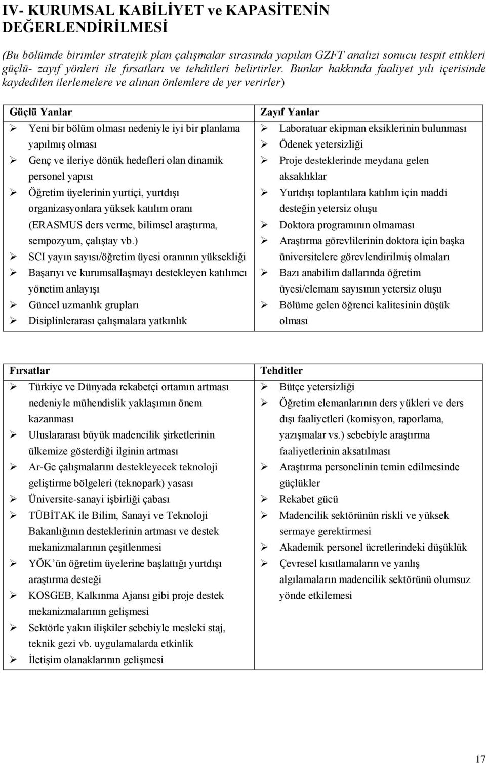 Bunlar hakkında faaliyet yılı içerisinde kaydedilen ilerlemelere ve alınan önlemlere de yer verirler) Güçlü Yanlar Yeni bir bölüm olması nedeniyle iyi bir planlama yapılmıģ olması Genç ve ileriye