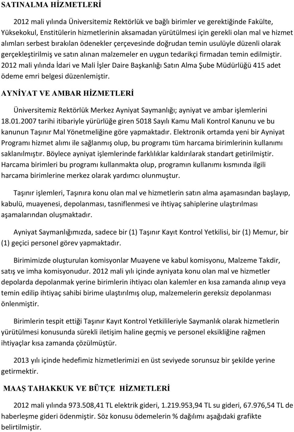 2012 mali yılında İdari ve Mali İşler Daire Başkanlığı Satın Alma Şube Müdürlüğü 415 adet ödeme emri belgesi düzenlemiştir.