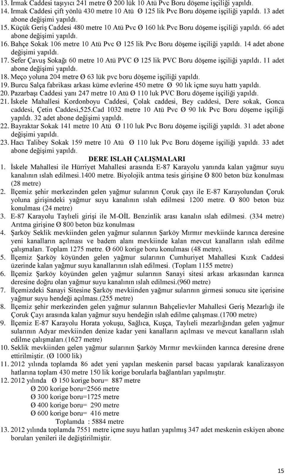 14 adet abone değiģimi yapıldı. 17. Sefer ÇavuĢ Sokağı 60 metre 10 Atü PVC Ø 125 lik PVC Boru döģeme iģçiliği yapıldı. 11 adet abone değiģimi yapıldı. 18.