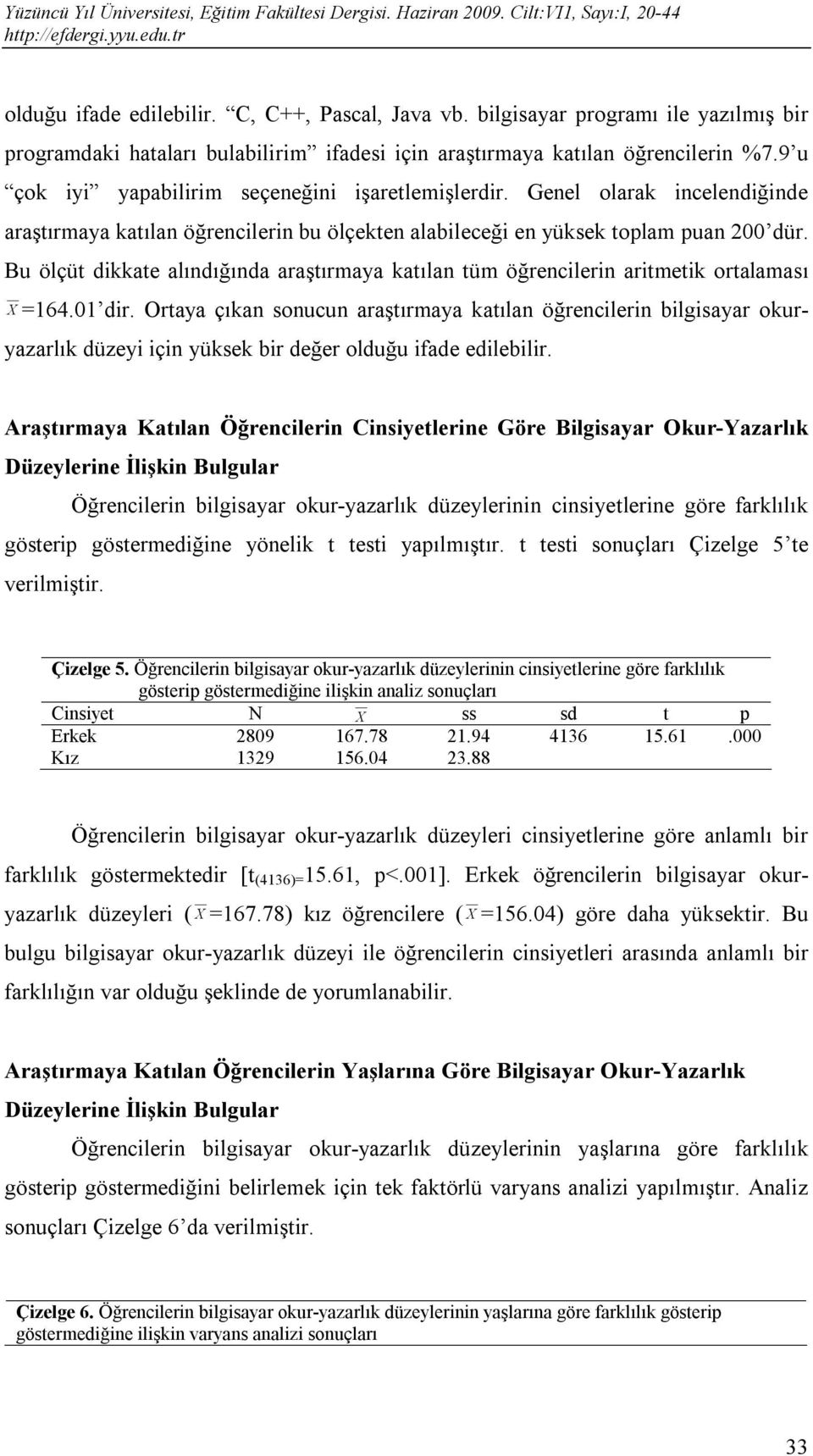 Bu ölçüt dikkate alındığında araştırmaya katılan tüm öğrencilerin aritmetik ortalaması X =164.01 dir.