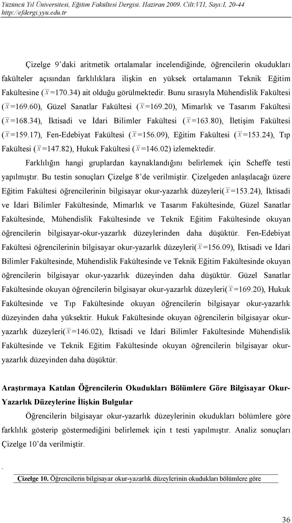 34), İktisadi ve İdari Bilimler Fakültesi ( X =163.80), İletişim Fakültesi ( X =159.17), Fen-Edebiyat Fakültesi ( X =156.09), Eğitim Fakültesi ( X =153.24), Tıp Fakültesi ( X =147.