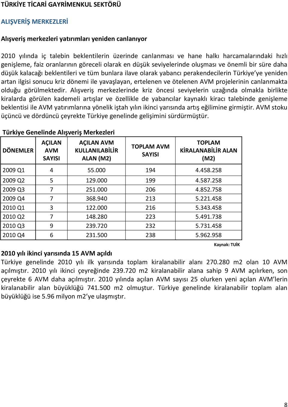 yeniden artan ilgisi sonucu kriz dönemi ile yavaşlayan, ertelenen ve ötelenen AVM projelerinin canlanmakta olduğu görülmektedir.