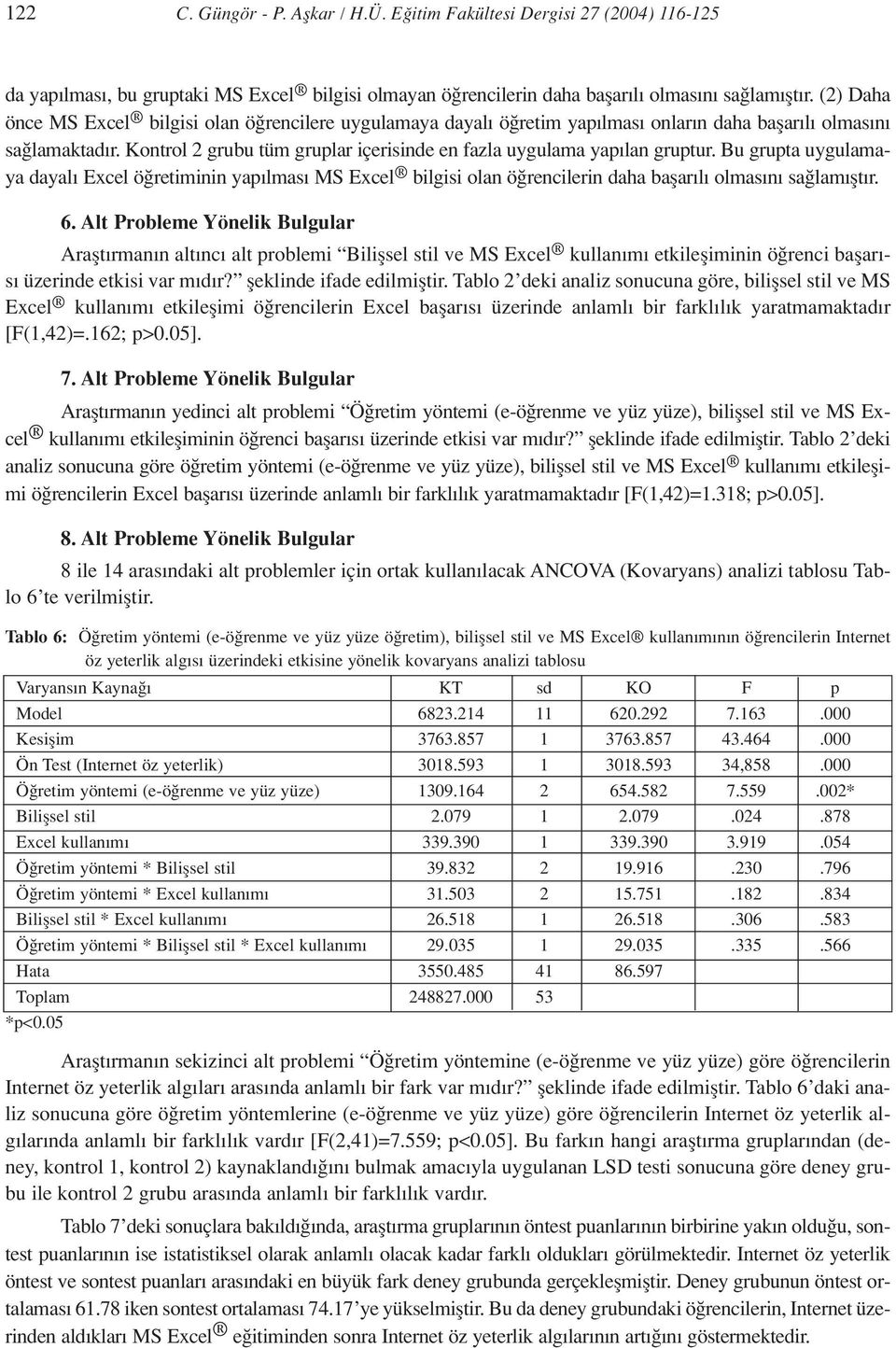 Bu grupta uygulamaya dayal Excel ö retiminin yap lmas MS Excel bilgisi olan ö rencilerin daha baflar l olmas n sa lam flt r. 6.